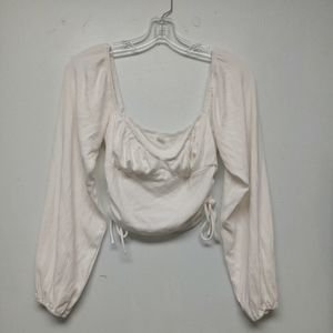 Hey Babe Crop Ribbed Ruched Side Drawstring Cream Balloon Sleeves Top